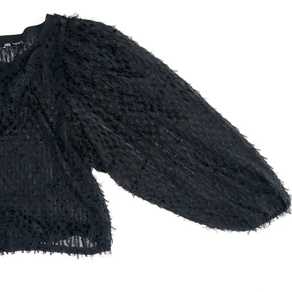 Zara Black Fringe Balloon Sleeve Top Size Small - Picture 8 of 12